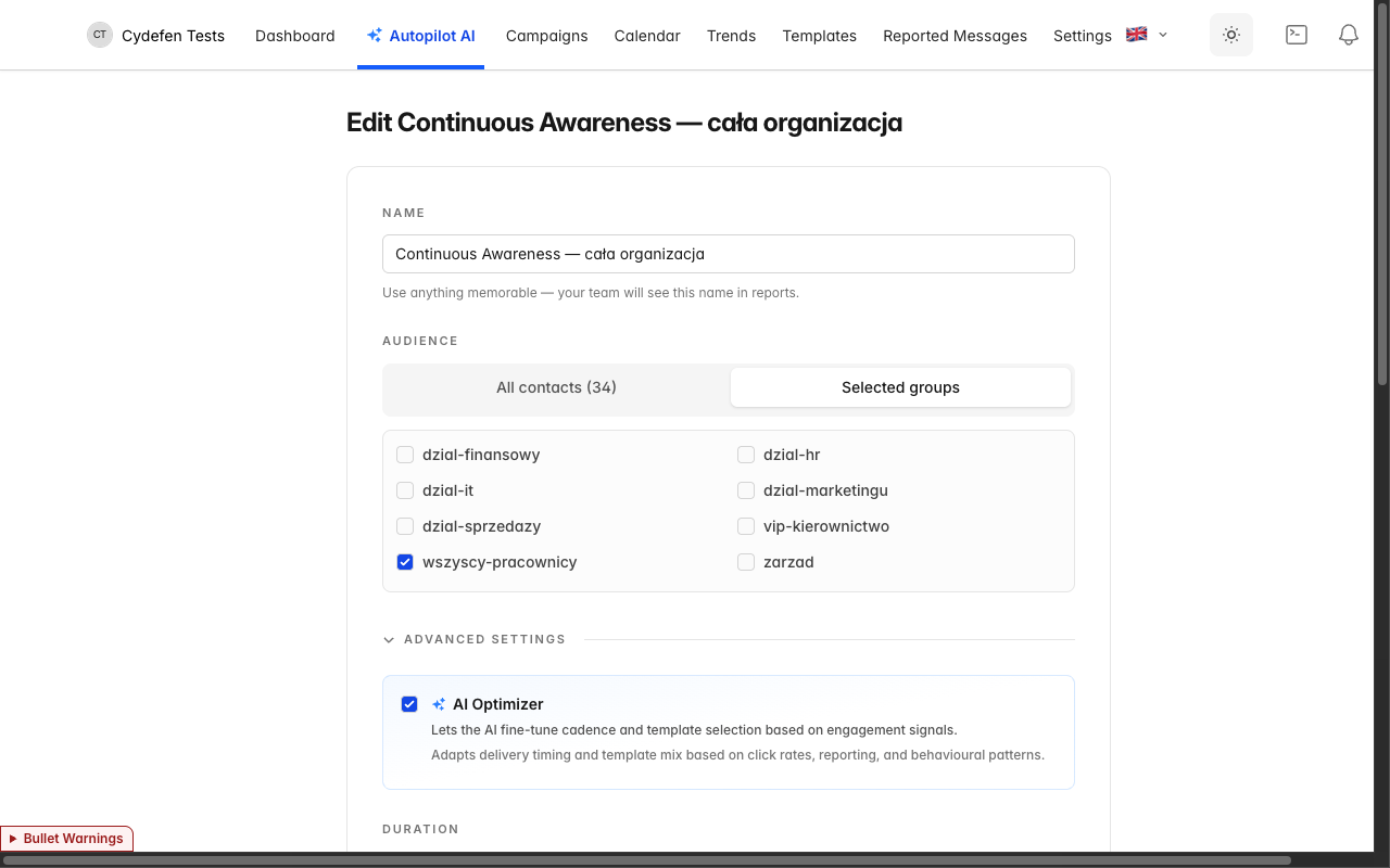 Editing a running autopilot — full settings panel