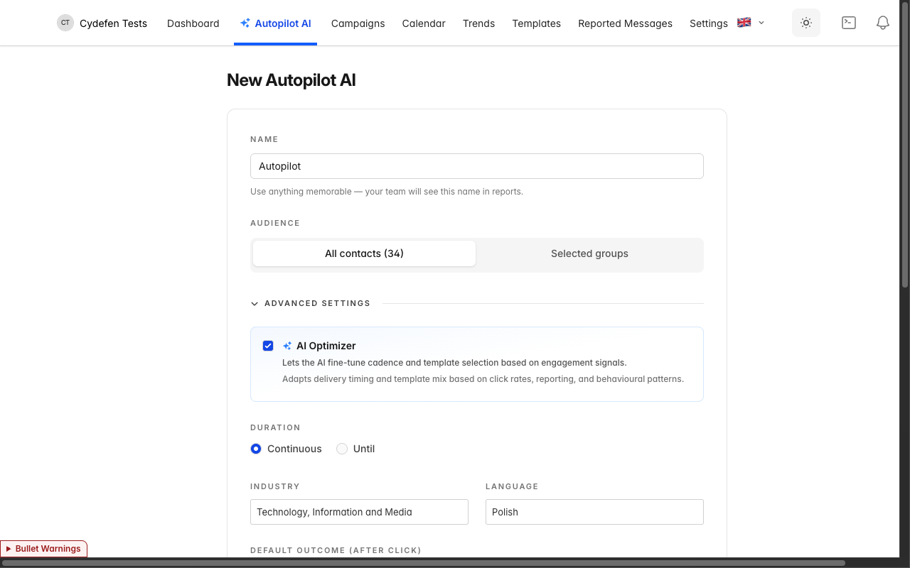New autopilot form with the Advanced settings section expanded