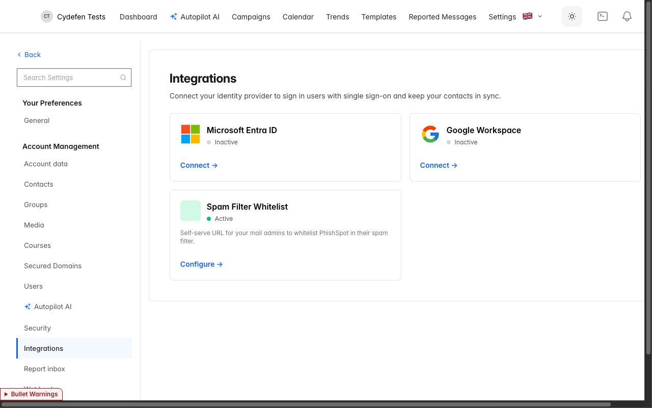 Integrations index showing the Microsoft Entra ID card alongside Google Workspace and the Spam Filter Whitelist