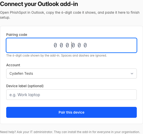 Connect your Outlook add-in page in the browser, with the pairing-code input, account selector, optional device label, and Pair this device button