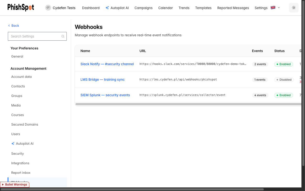 Webhooks endpoints index showing three configured webhooks