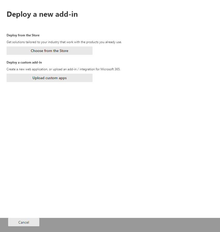 Deploy wizard source picker offering Microsoft Marketplace or uploading a custom add-in by file or URL