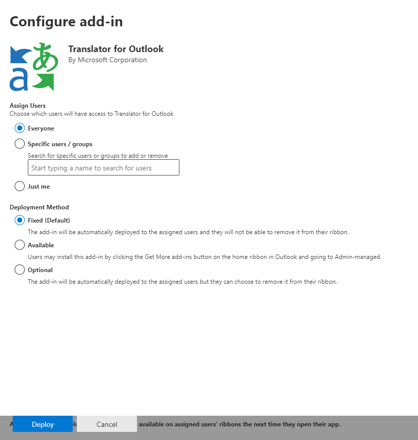 Deploy wizard user/group assignment step with the Everyone, Specific users/groups, and Just me options