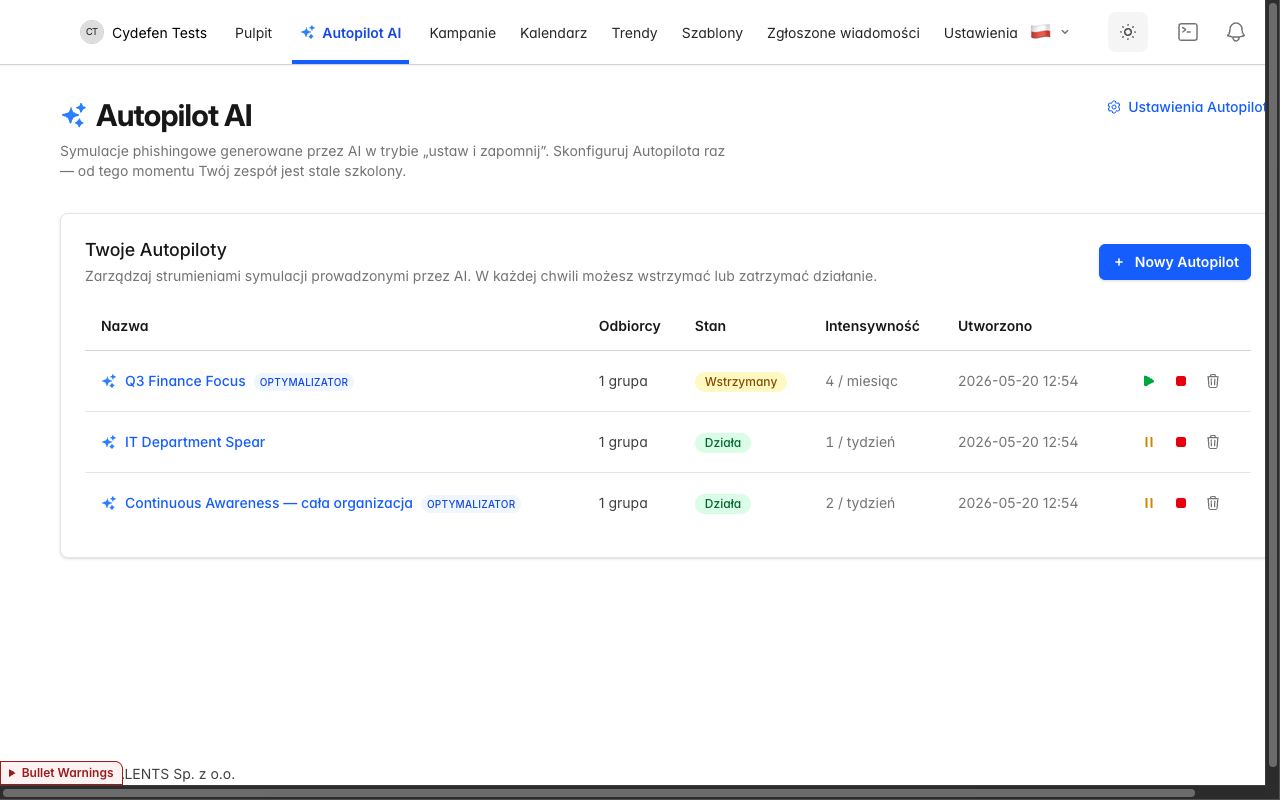 Lista autopilotów z trzema skonfigurowanymi autopilotami