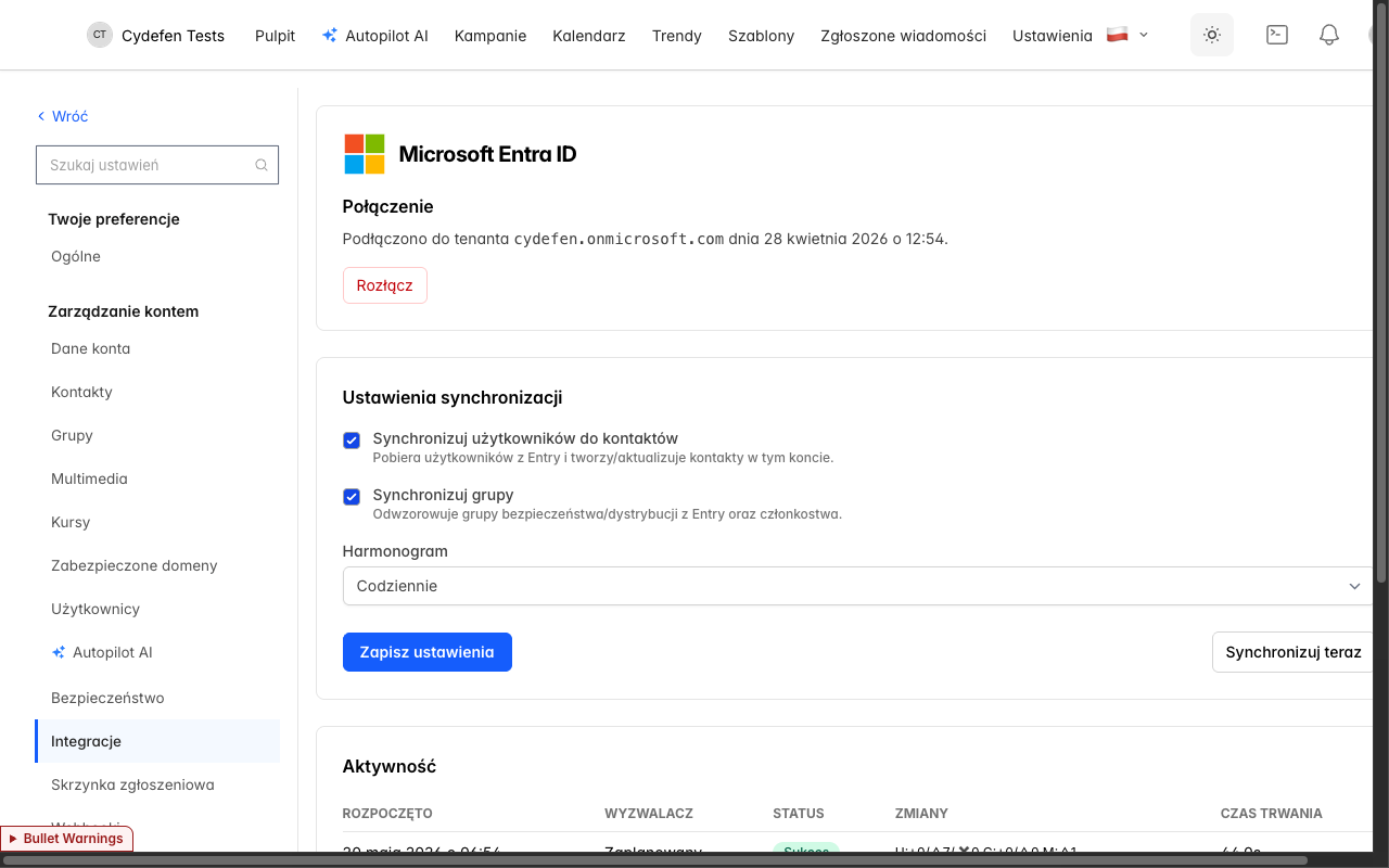 Strona zarządzania integracją Entra — ustawienia synchronizacji + historia aktywności