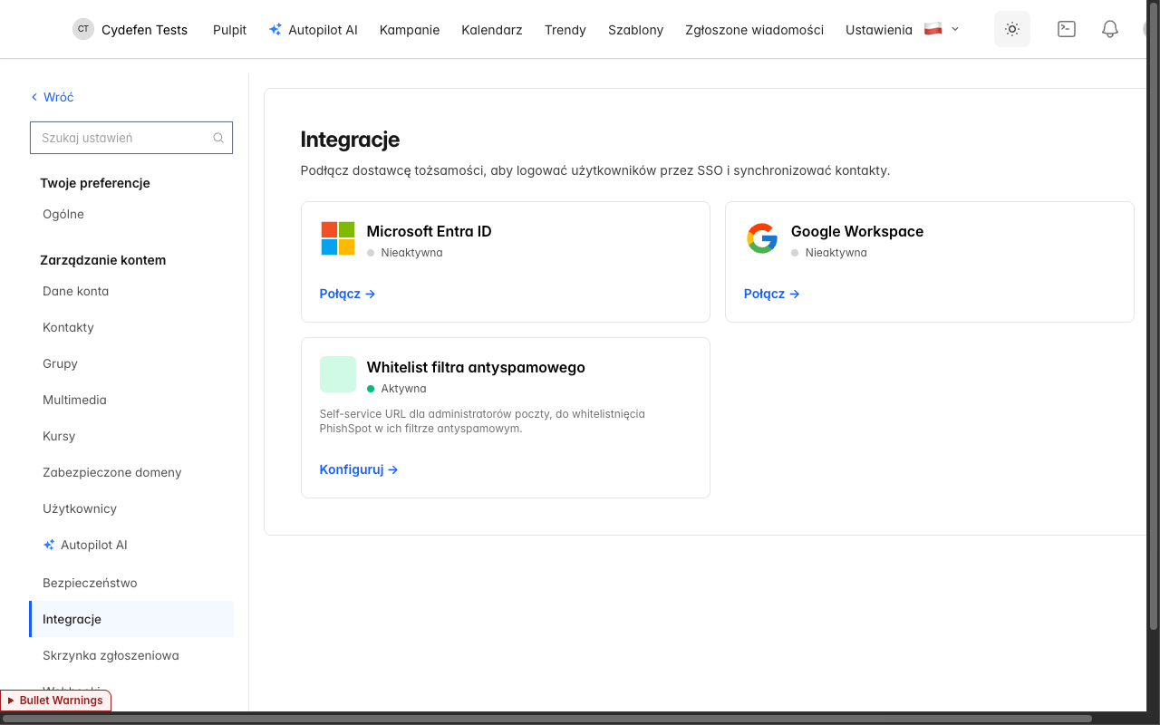 Lista integracji — karta Microsoft Entra ID obok Google Workspace i Whitelist filtra antyspamowego