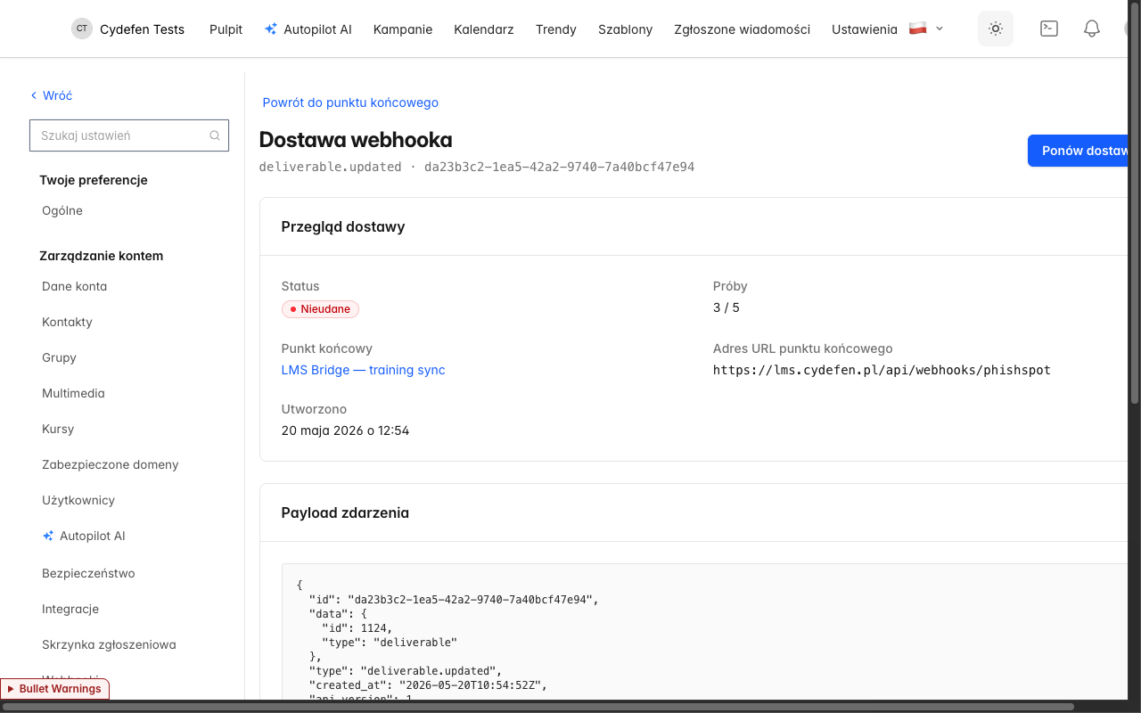 Szczegóły dostawy webhooka — payload zdarzenia + log per-próba HTTP