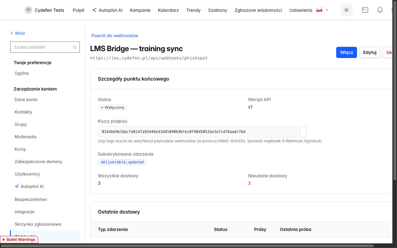 Szczegóły endpointu webhook — klucz podpisu, subskrybowane zdarzenia, ostatnie dostawy z licznikami prób