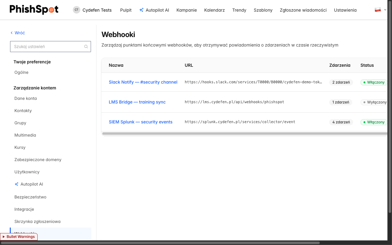Lista webhooków pokazująca trzy skonfigurowane endpointy